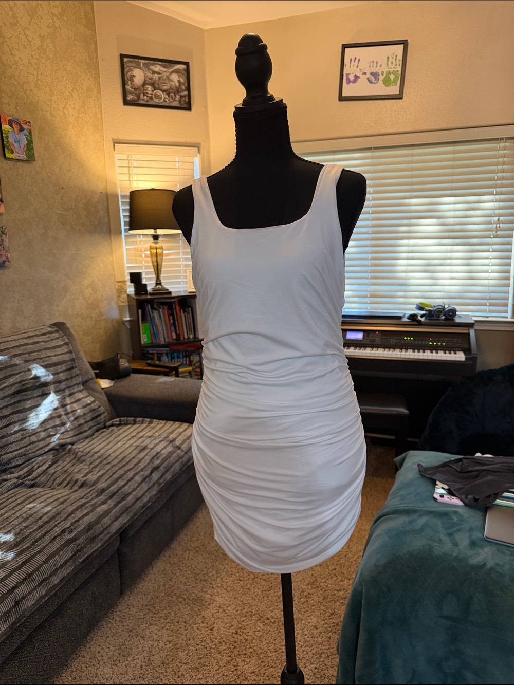 White Sleeveless Ruched Bodycon Dress